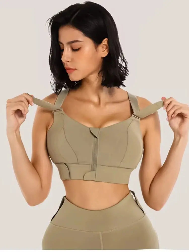 Women’s Front Zipper Sports Bra – Adjustable, Shockproof Crop Top for Yoga & Fitness