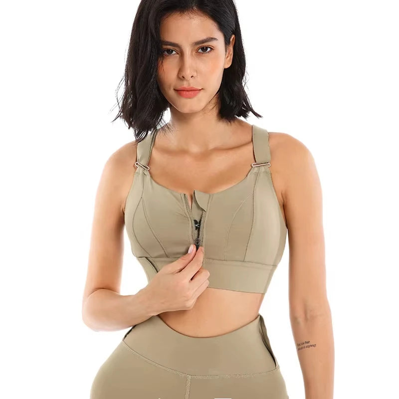 Women’s Front Zipper Sports Bra – Adjustable, Shockproof Crop Top for Yoga & Fitness