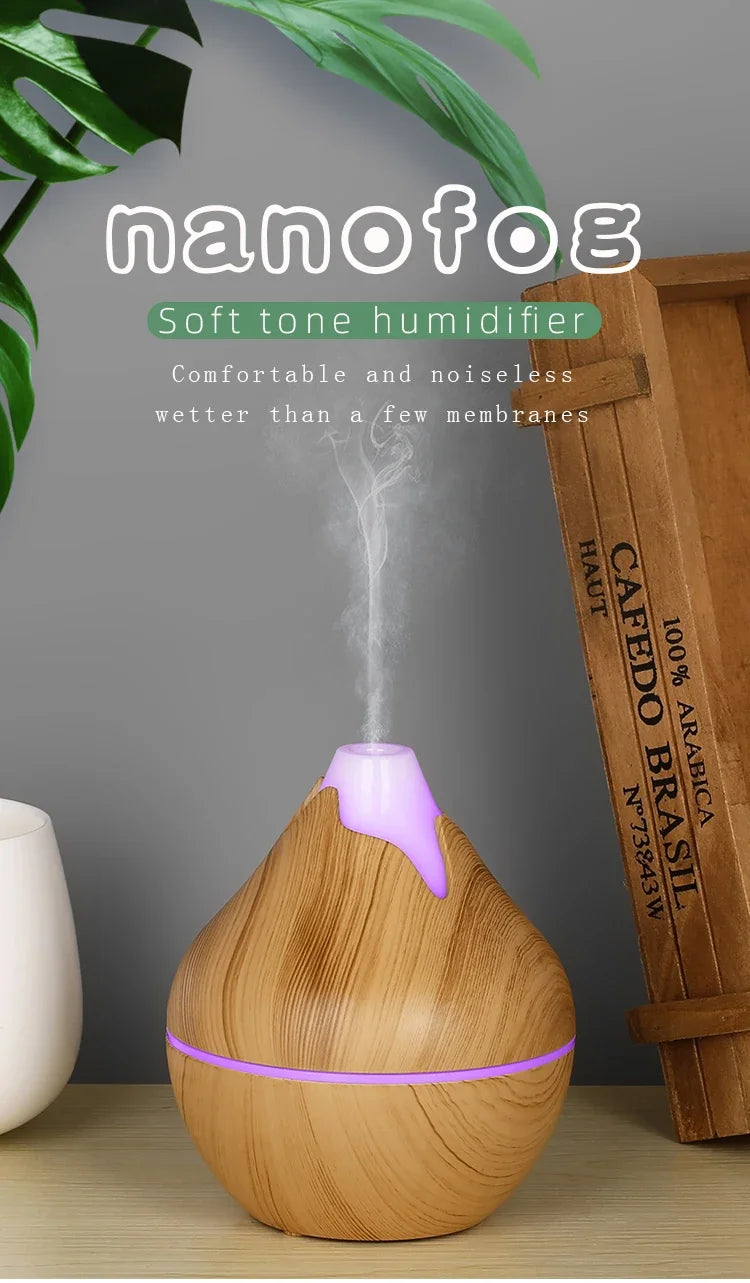 350ML Wood Grain Essential Oil Diffuser – Ultrasonic Humidifier with Remote & 7-Color LED
