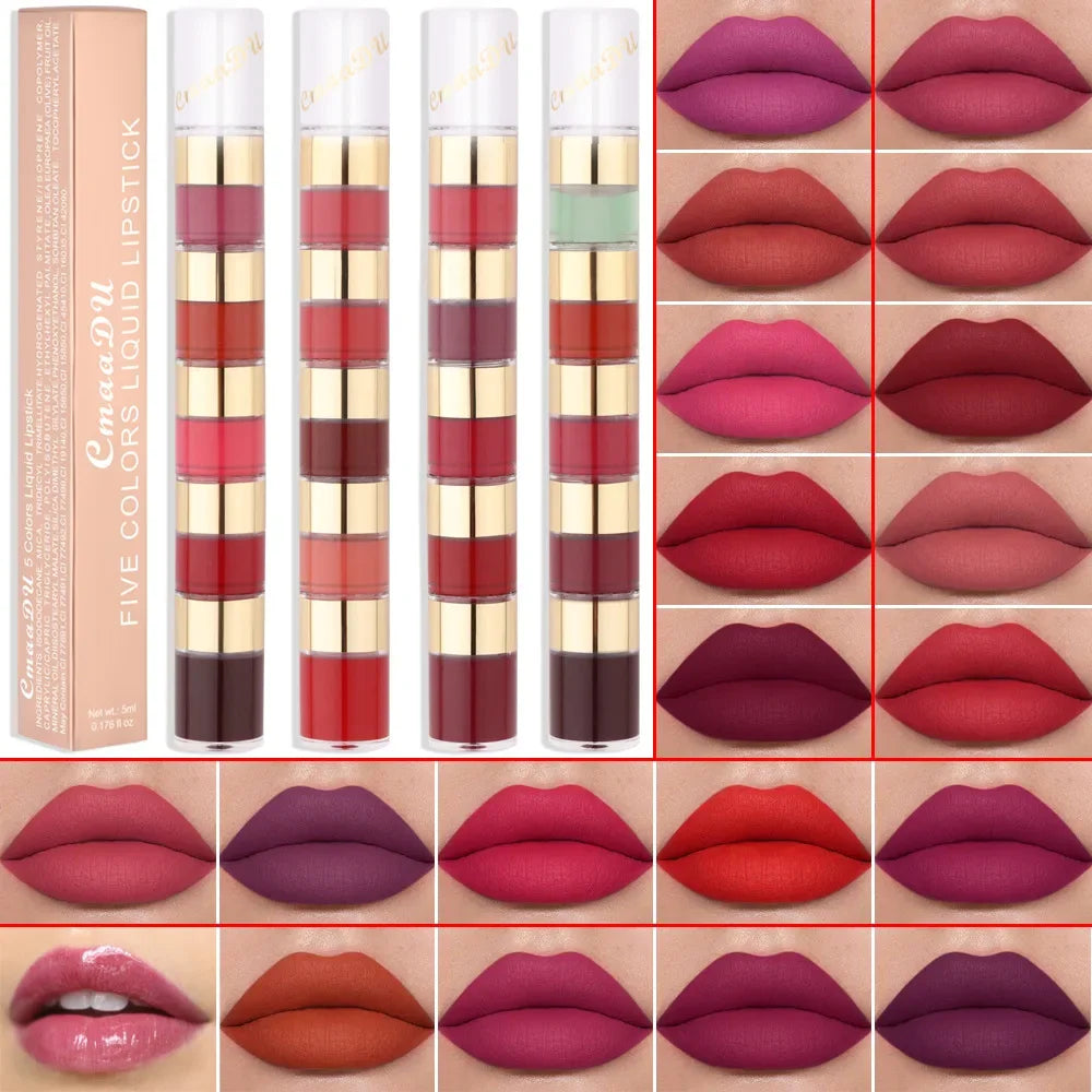 5-in-1 Matte Lipstick Set – Velvet Lip Tint & Gloss Combo