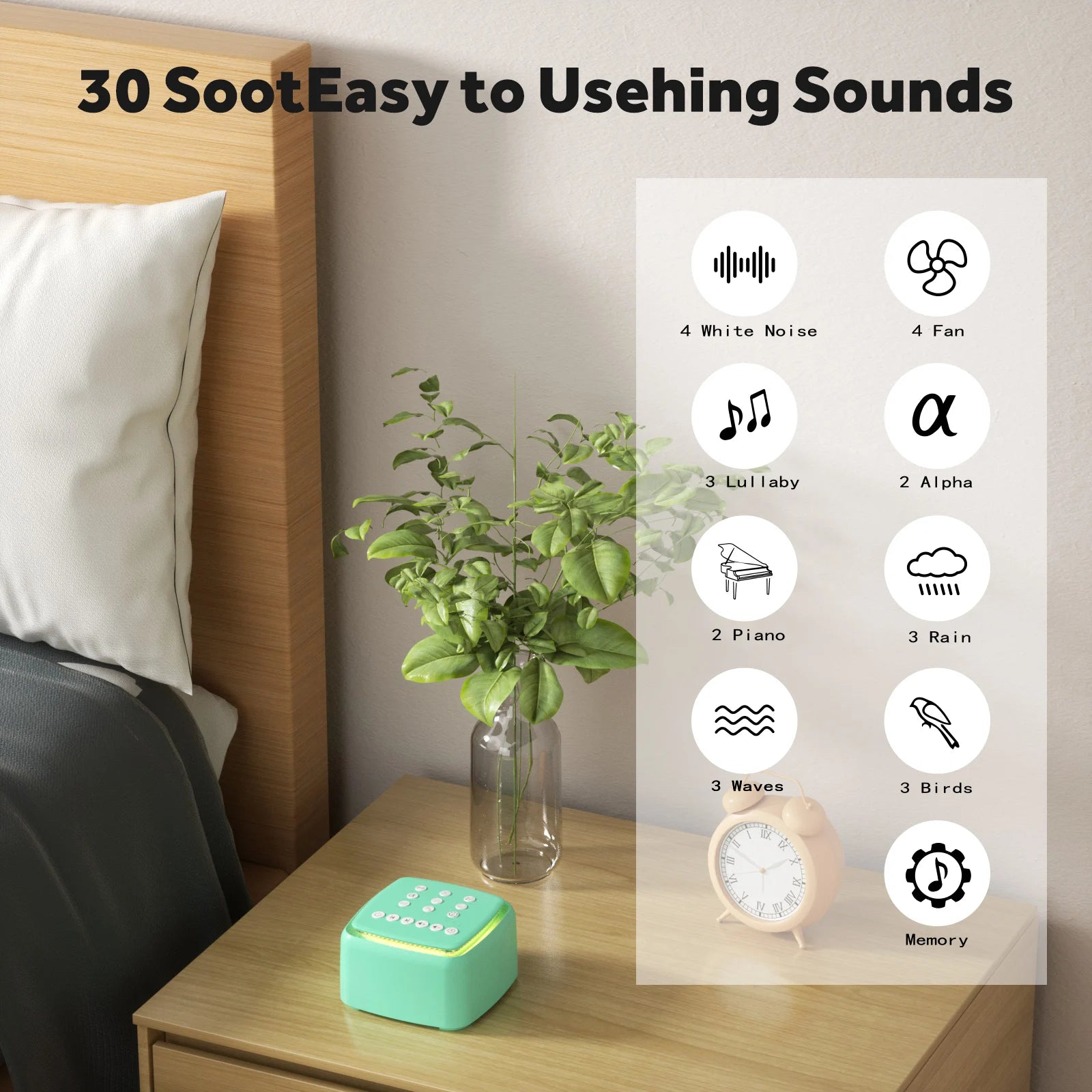 White Noise Machine – 30 Soothing Sounds & Warm Light with 30-Hour Battery