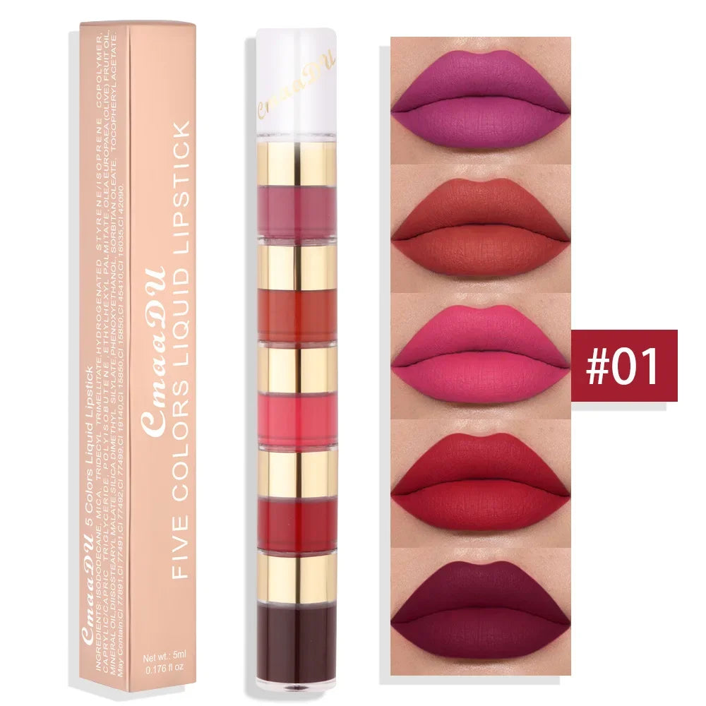 5-in-1 Matte Lipstick Set – Velvet Lip Tint & Gloss Combo