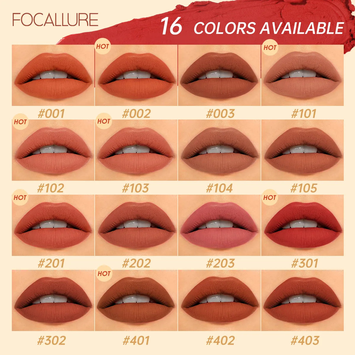 FOCALLURE 16 Shades Matte Lipstick Set – Waterproof, High-Pigment, Natural Finish: