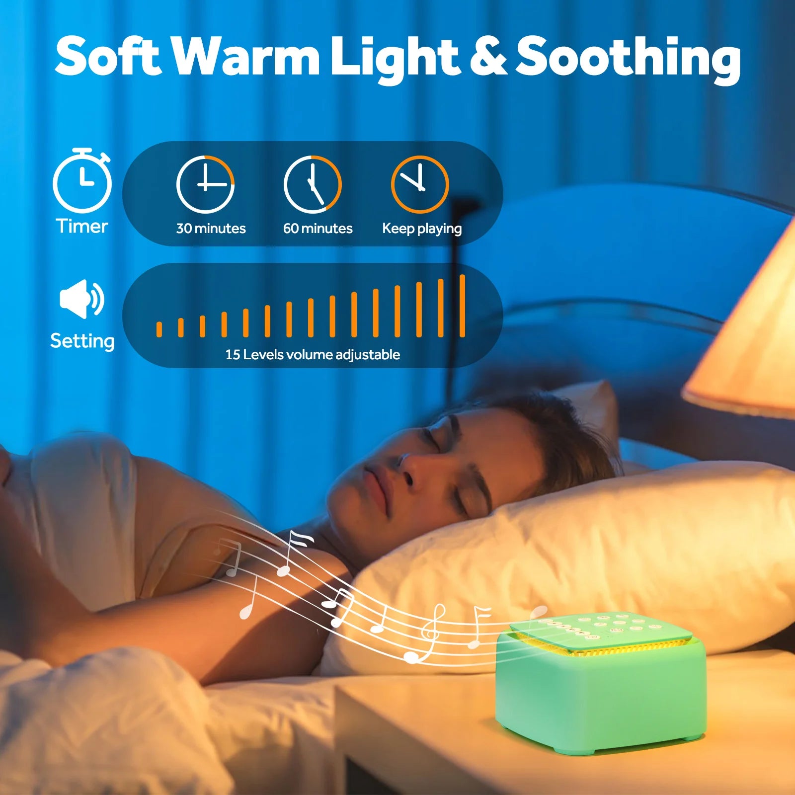 White Noise Machine – 30 Soothing Sounds & Warm Light with 30-Hour Battery