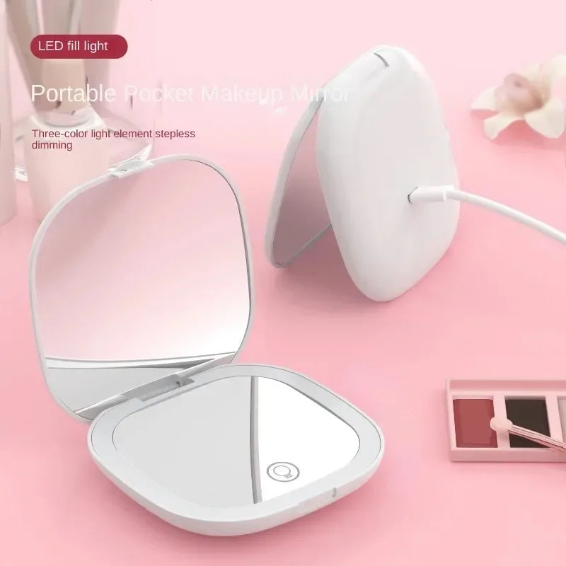Mini LED Folding Makeup Mirror – Compact Vanity Gift with 2X Magnification