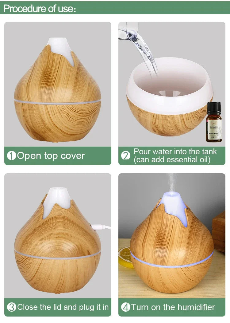 350ML Wood Grain Essential Oil Diffuser – Ultrasonic Humidifier with Remote & 7-Color LED