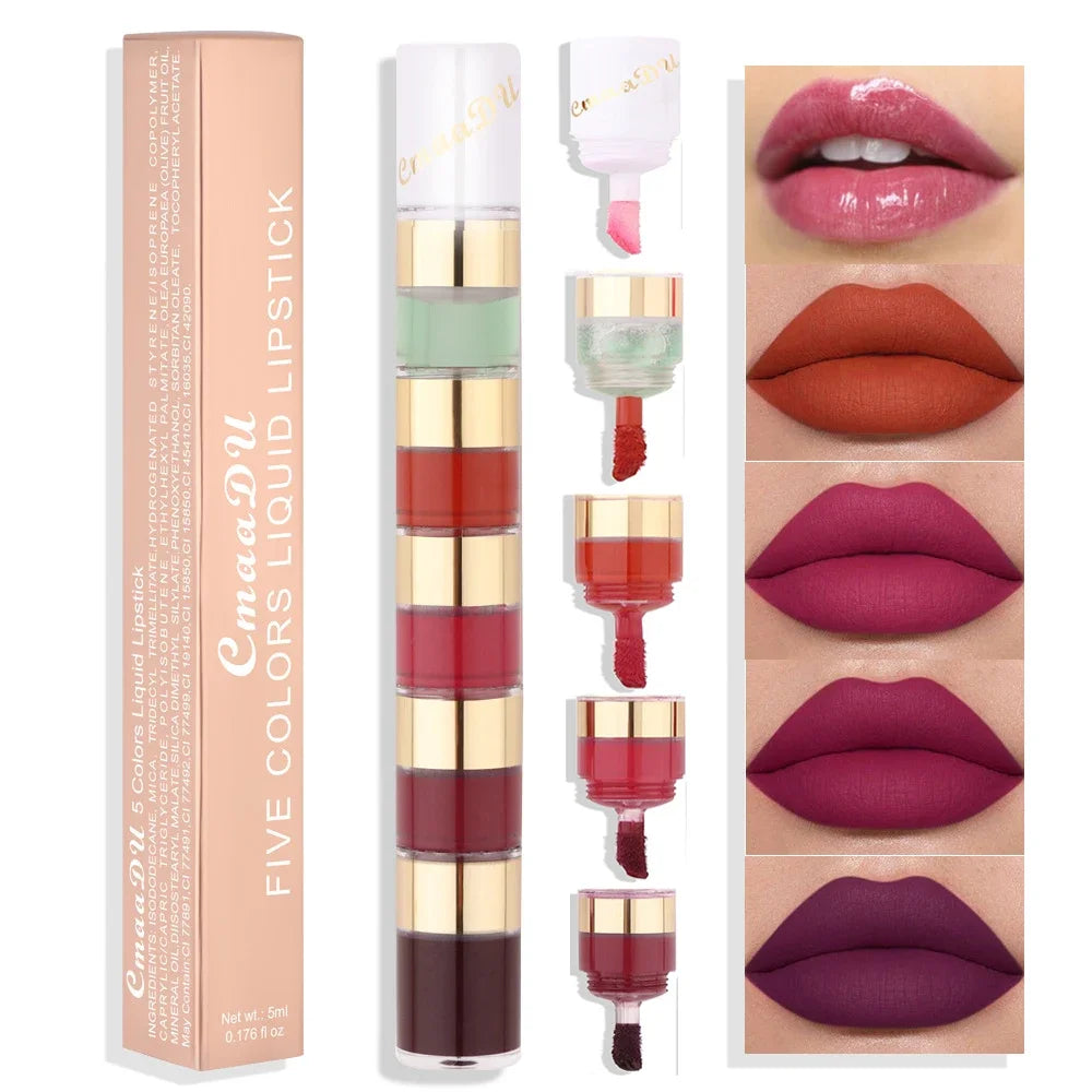 5-in-1 Matte Lipstick Set – Velvet Lip Tint & Gloss Combo