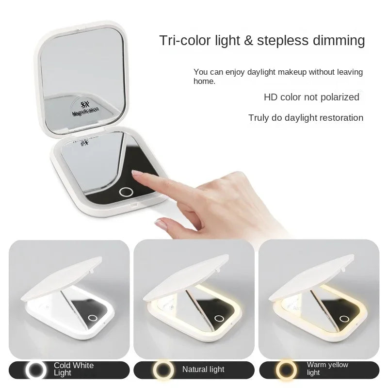 Mini LED Folding Makeup Mirror – Compact Vanity Gift with 2X Magnification