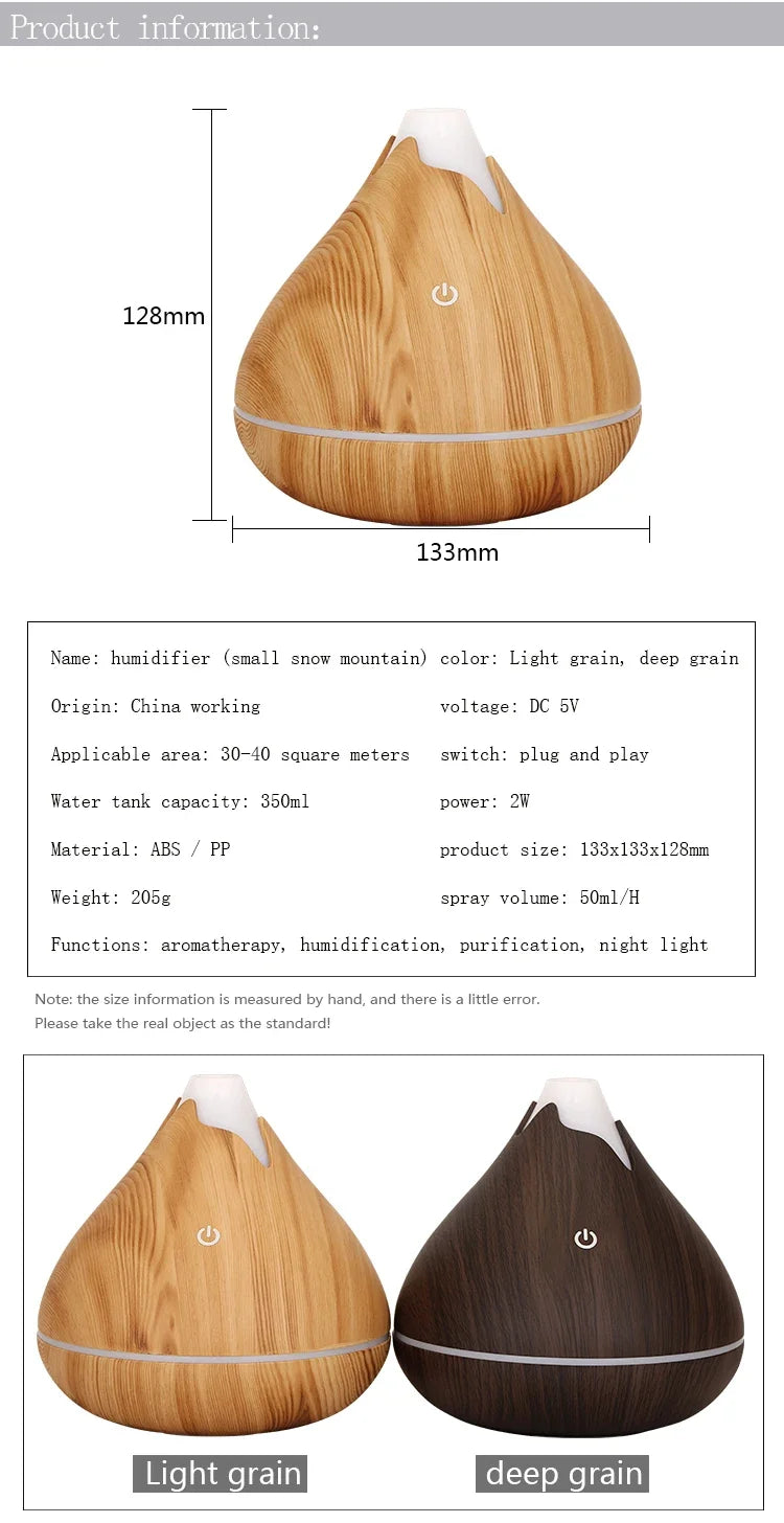 350ML Wood Grain Essential Oil Diffuser – Ultrasonic Humidifier with Remote & 7-Color LED