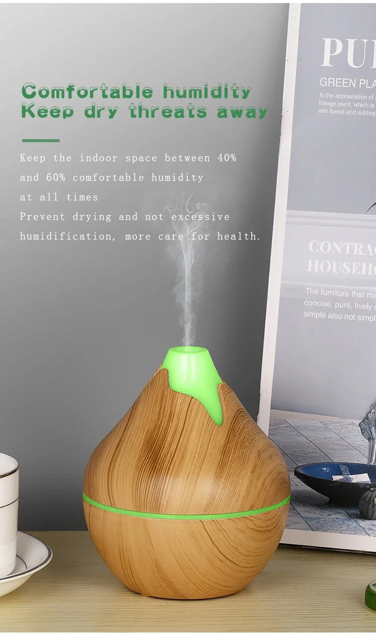 350ML Wood Grain Essential Oil Diffuser – Ultrasonic Humidifier with Remote & 7-Color LED