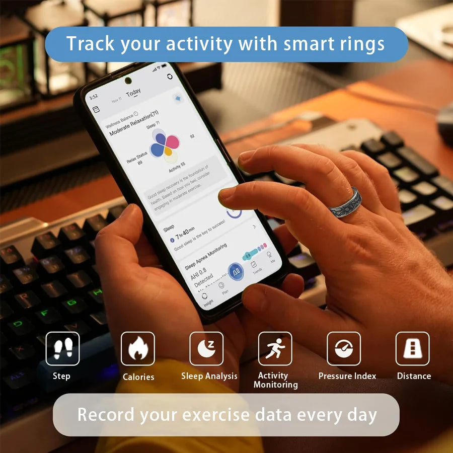 Smart Ring Heart Rate & Oximeter Monitor – IP68, Multi-Sport for Android & iOS