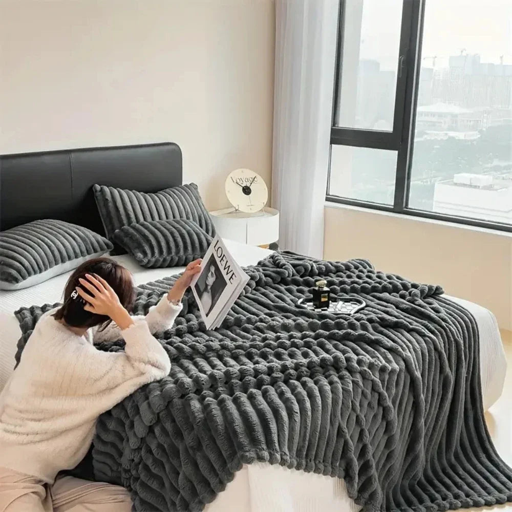 Plush Ribbed Throw Blanket – Soft, Warm & Lightweight for Bed or Sofa
