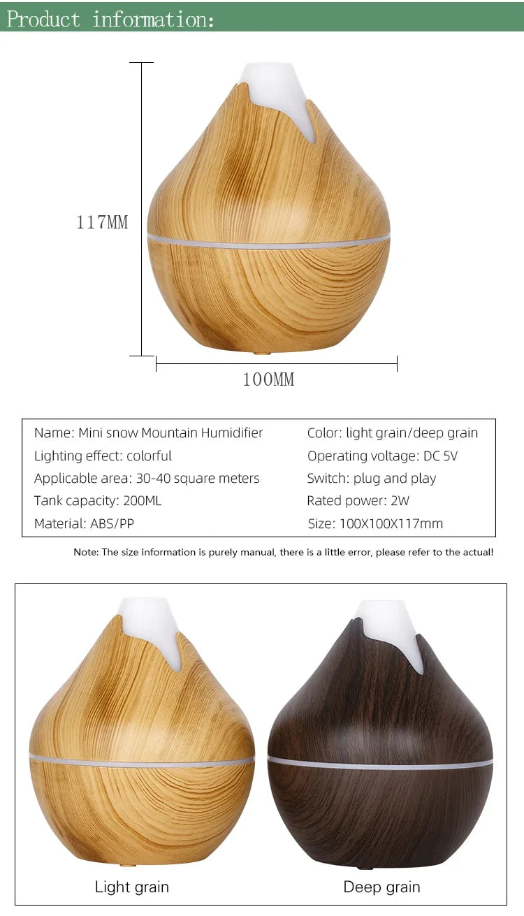 350ML Wood Grain Essential Oil Diffuser – Ultrasonic Humidifier with Remote & 7-Color LED