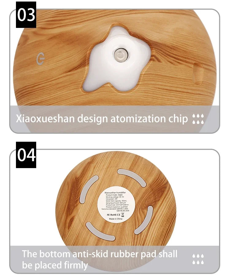 350ML Wood Grain Essential Oil Diffuser – Ultrasonic Humidifier with Remote & 7-Color LED