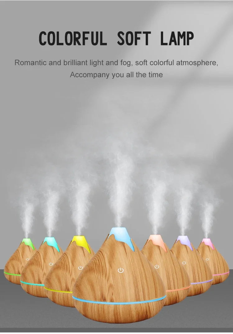 350ML Wood Grain Essential Oil Diffuser – Ultrasonic Humidifier with Remote & 7-Color LED
