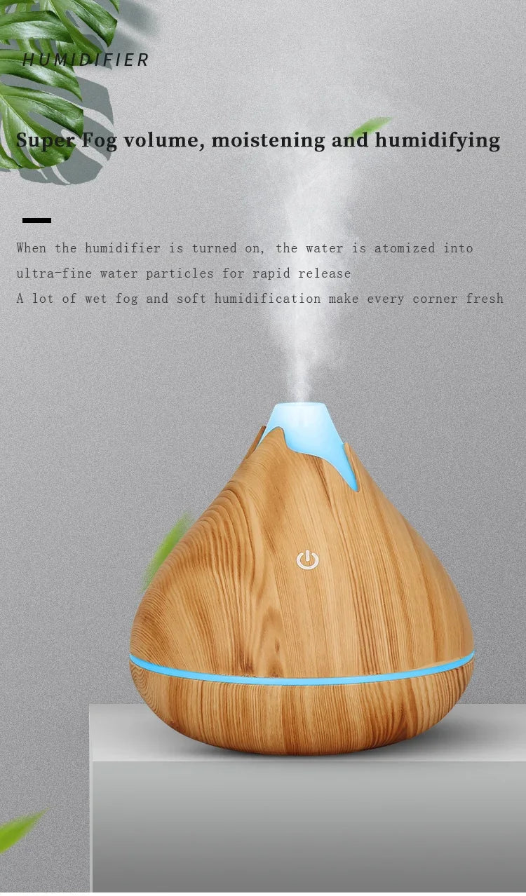 350ML Wood Grain Essential Oil Diffuser – Ultrasonic Humidifier with Remote & 7-Color LED