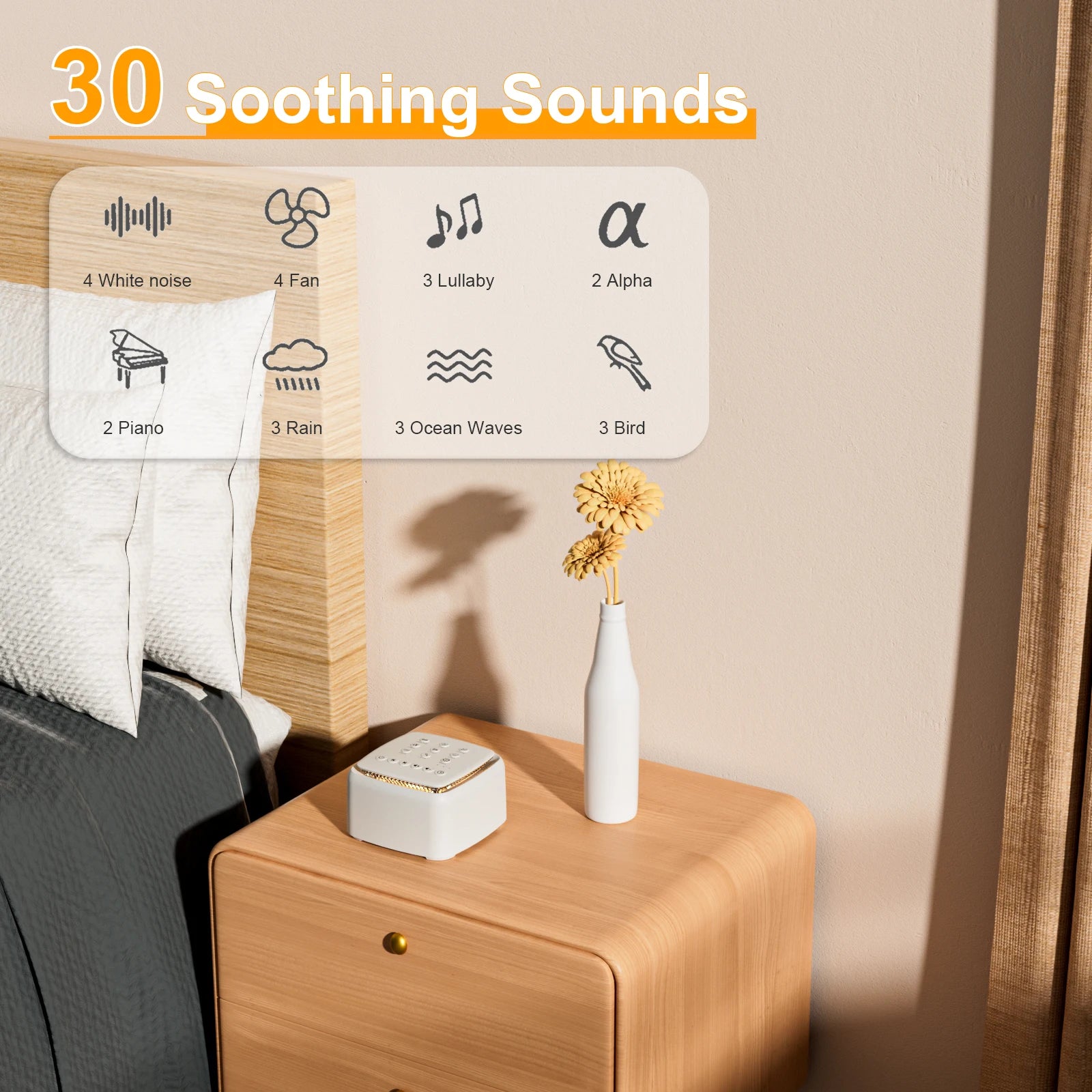 White Noise Machine – 30 Soothing Sounds & Warm Light with 30-Hour Battery