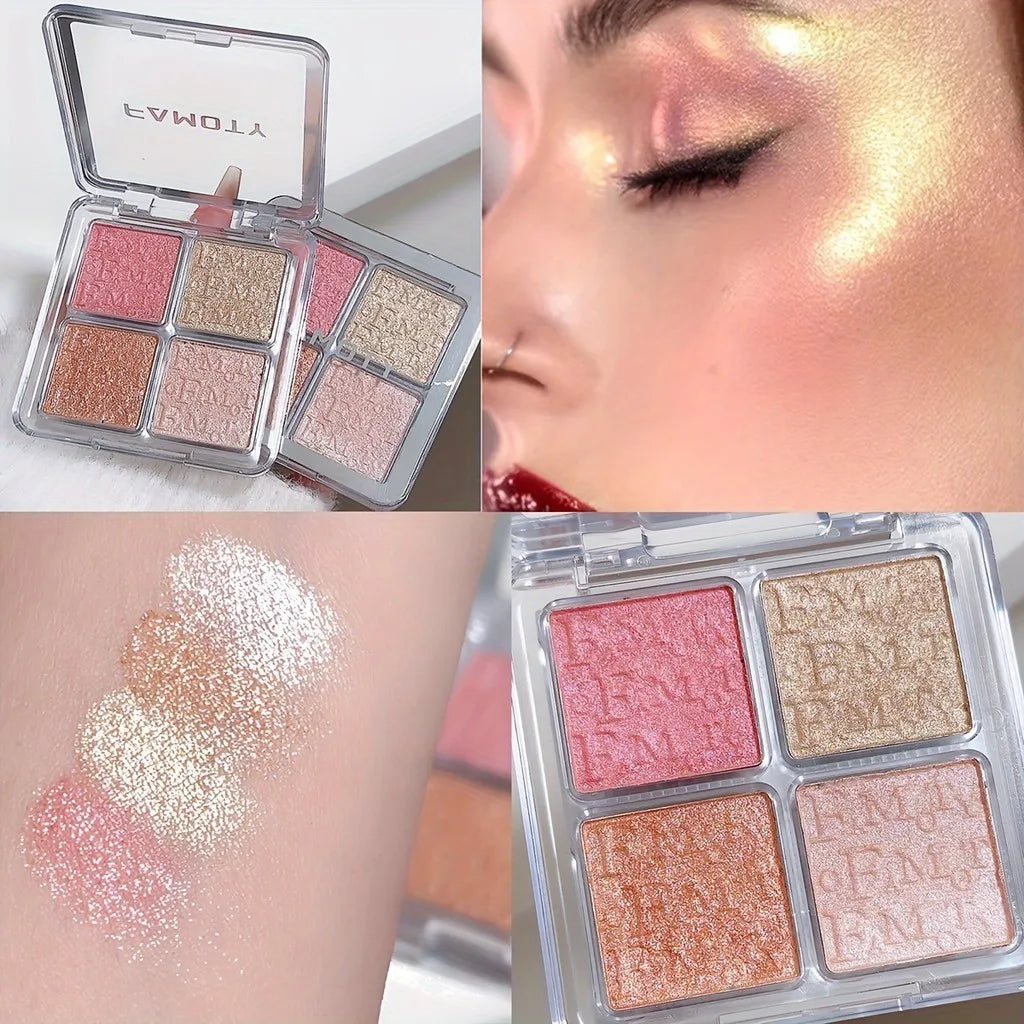 4-Color Highlighter Palette – Waterproof Shimmer Glow Baked Powder