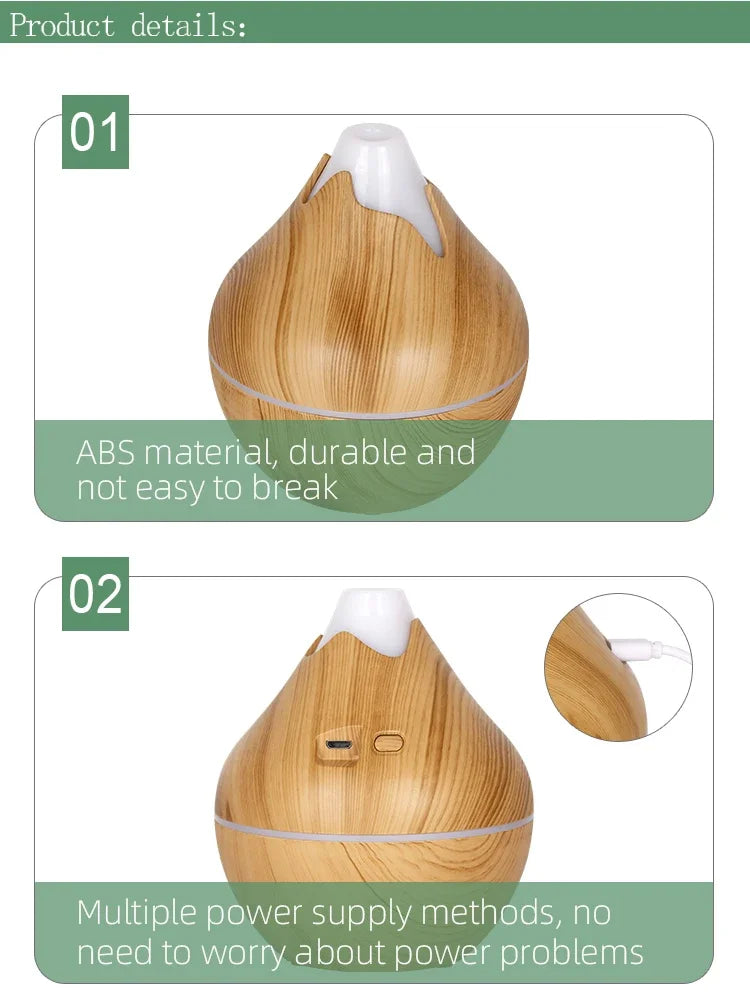 350ML Wood Grain Essential Oil Diffuser – Ultrasonic Humidifier with Remote & 7-Color LED