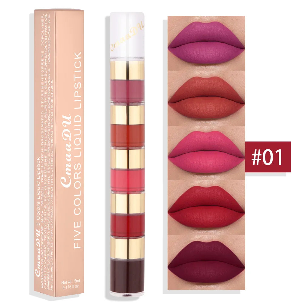 5-in-1 Matte Lipstick Set – Velvet Lip Tint & Gloss Combo