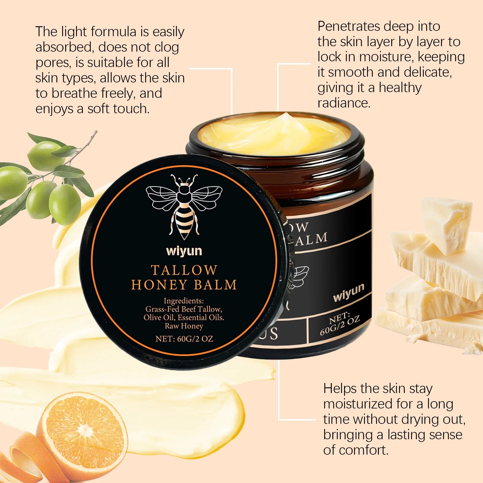 Whipped Beef Tallow & Honey Moisturizer – Fast-Absorbing Face & Body Cream