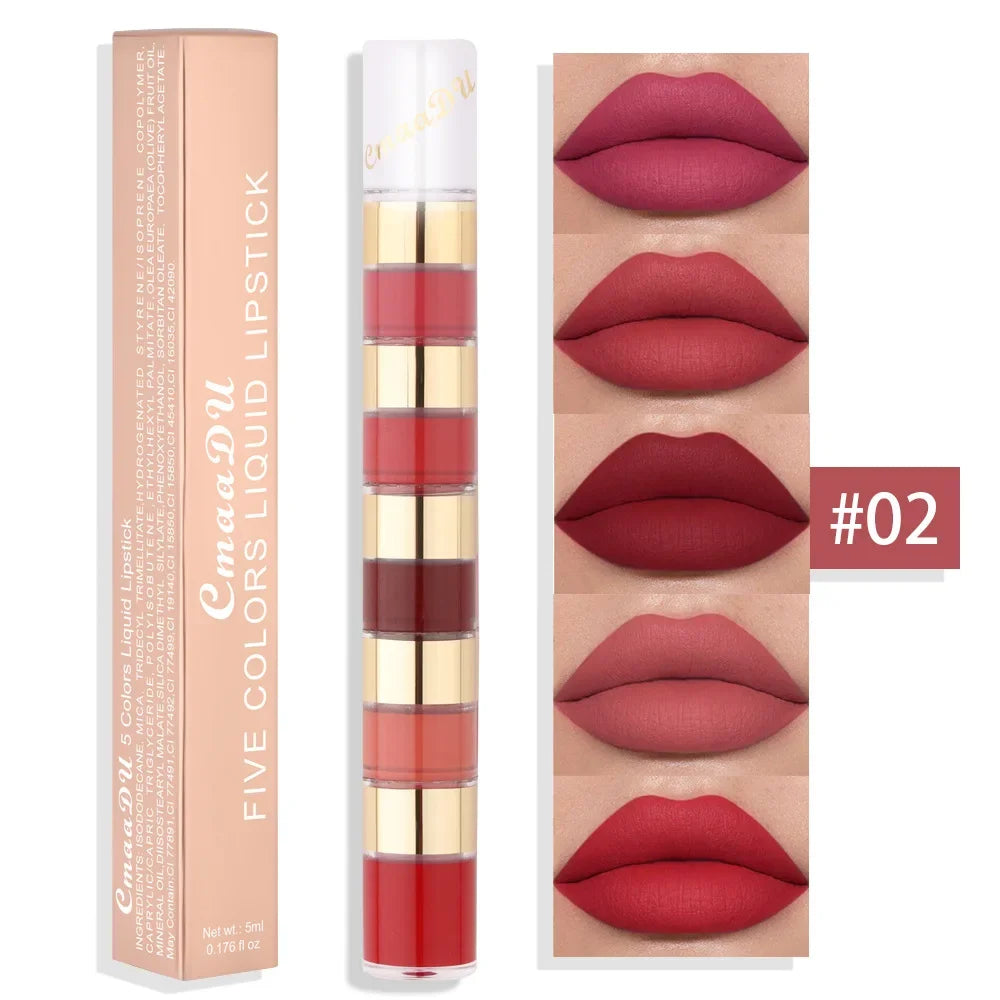 5-in-1 Matte Lipstick Set – Velvet Lip Tint & Gloss Combo