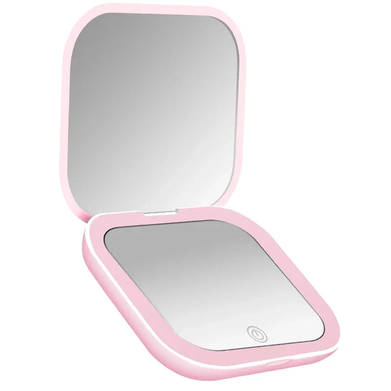 Mini LED Folding Makeup Mirror – Compact Vanity Gift with 2X Magnification