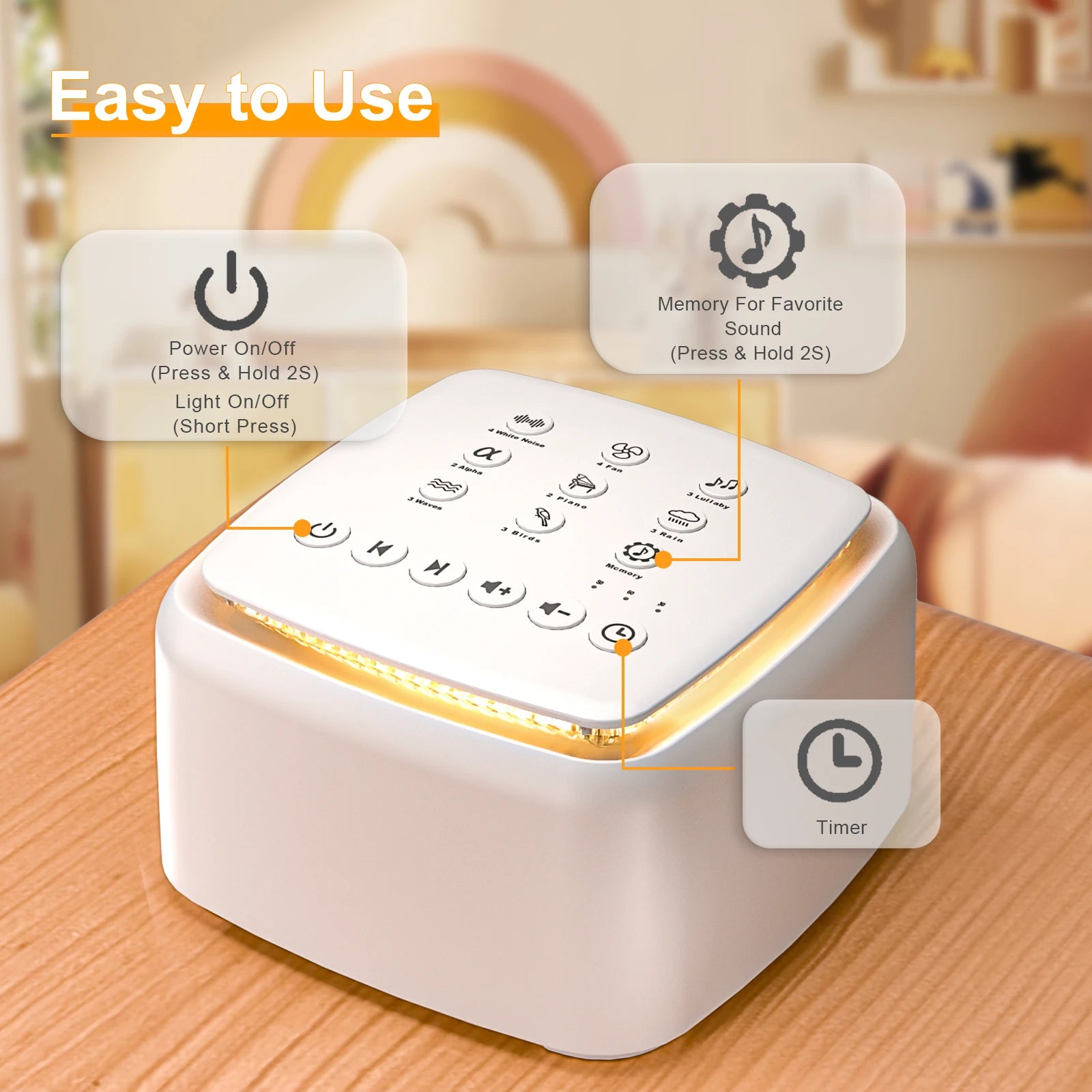 White Noise Machine – 30 Soothing Sounds & Warm Light with 30-Hour Battery